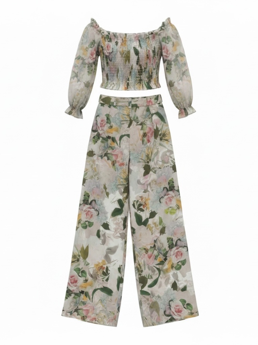 Floral Off-Shoulder Smocked Pants Set in Green - Picture 2 of 3